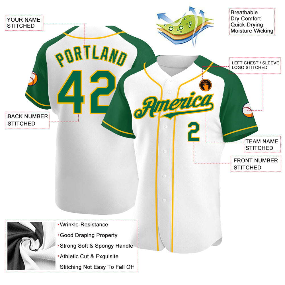 Custom White Kelly Green-Gold Authentic Raglan Sleeves Baseball Jersey baseball jersey product view 3