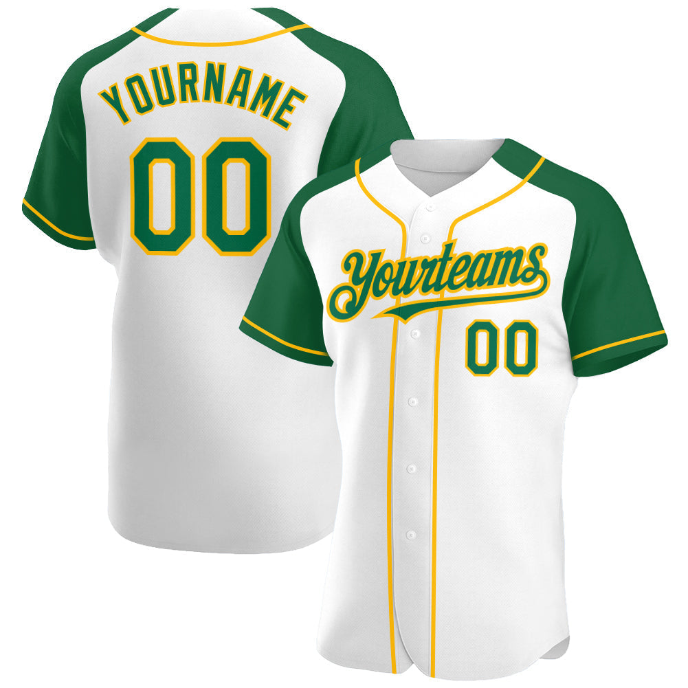 Custom White Kelly Green-Gold Authentic Raglan Sleeves Baseball Jersey baseball jersey product view 1