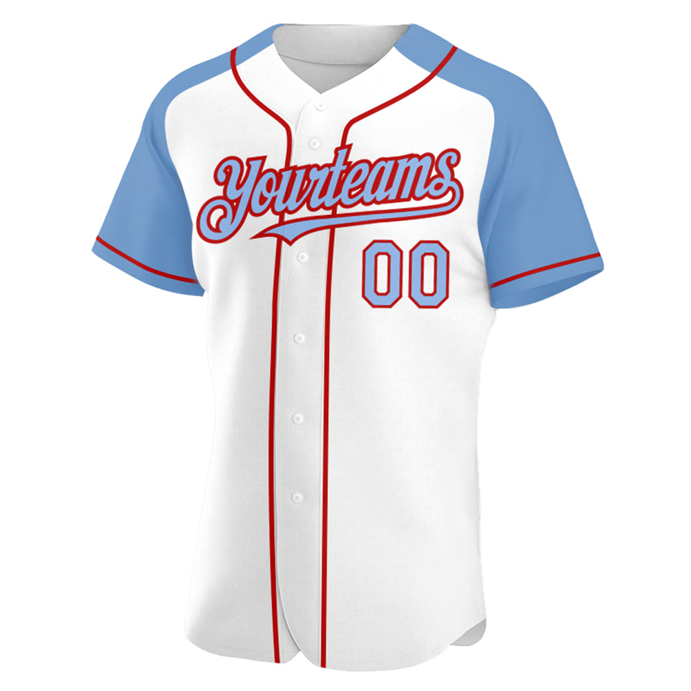Custom White Light Blue-Red Authentic Raglan Sleeves Baseball Jersey baseball jersey product view 2