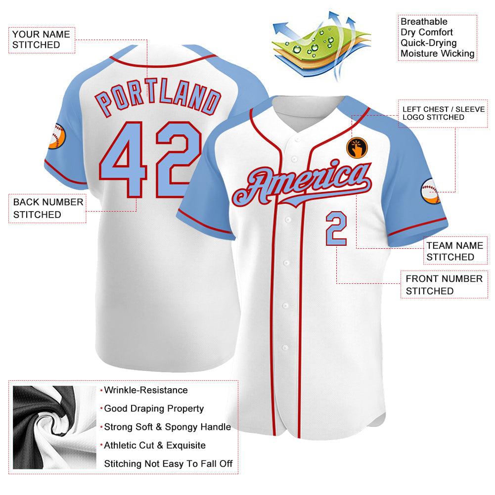 Custom White Light Blue-Red Authentic Raglan Sleeves Baseball Jersey baseball jersey product view 3