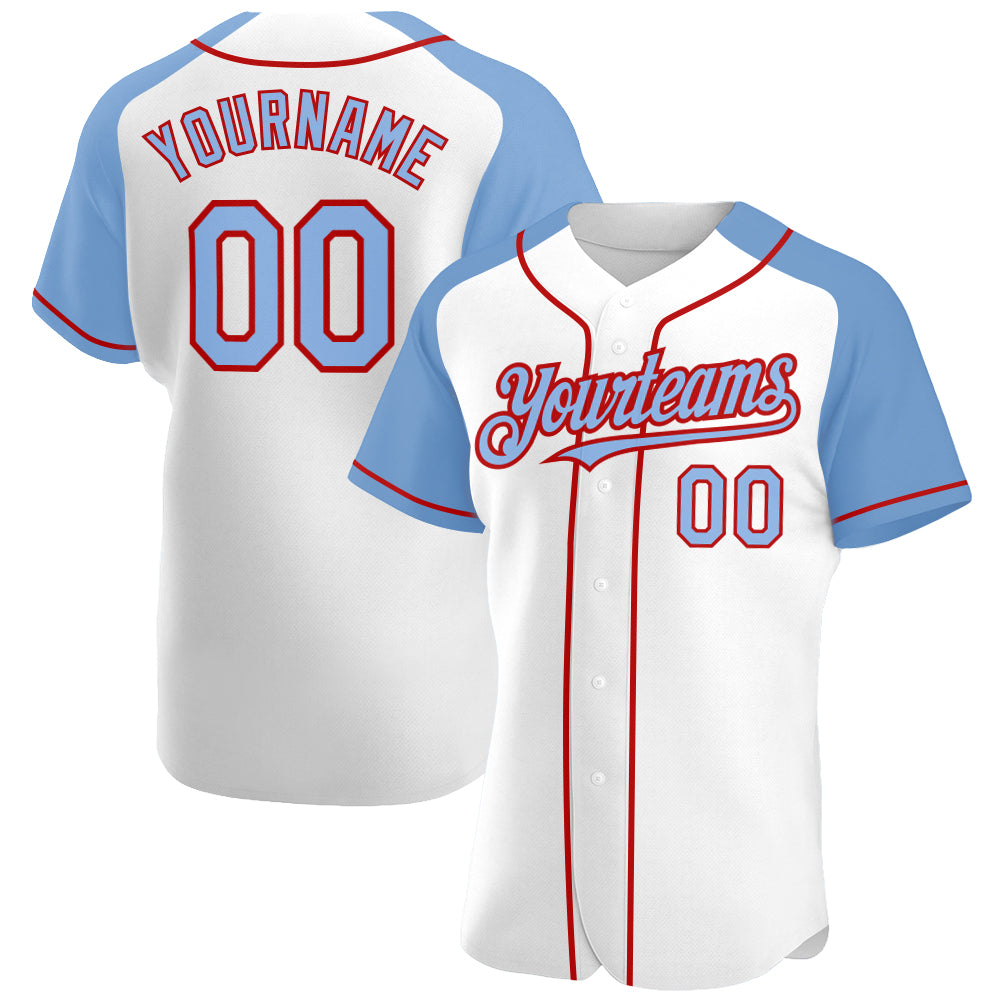 Custom White Light Blue-Red Authentic Raglan Sleeves Baseball Jersey baseball jersey product view 1