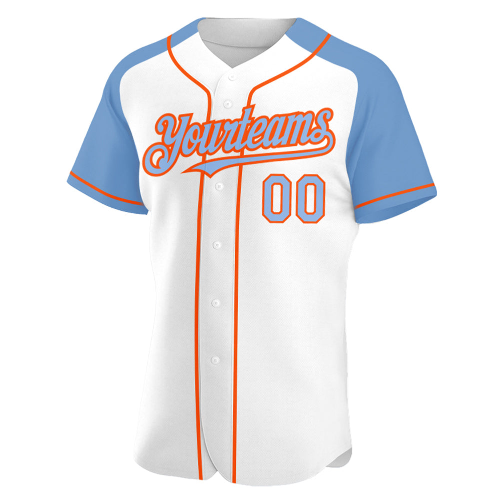 Custom White Light Blue-Orange Authentic Raglan Sleeves Baseball Jersey baseball jersey product view 3