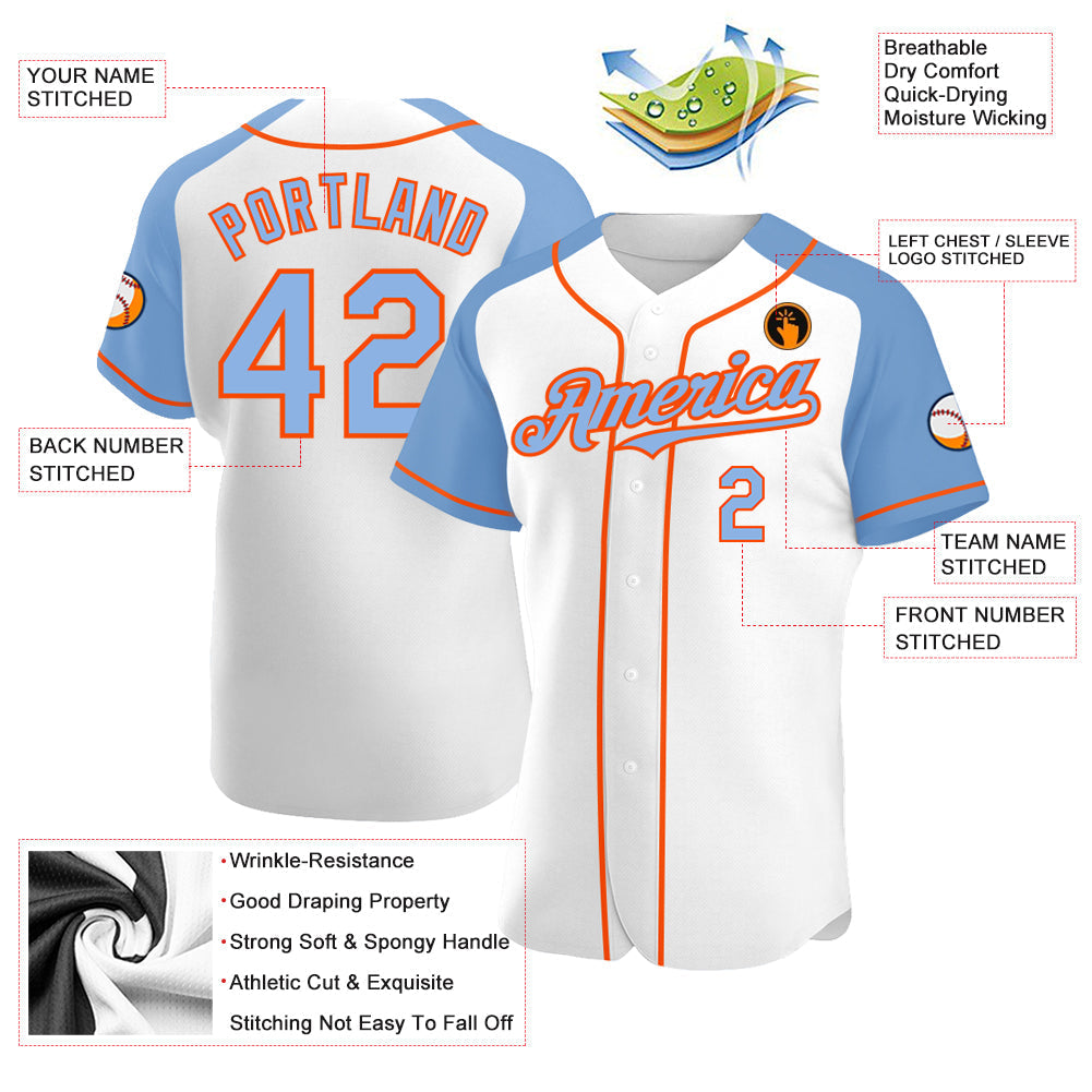 Custom White Light Blue-Orange Authentic Raglan Sleeves Baseball Jersey baseball jersey product view 4