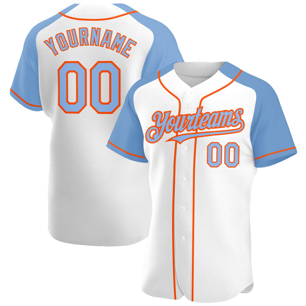 Custom White Light Blue-Orange Authentic Raglan Sleeves Baseball Jersey baseball jersey product view 1