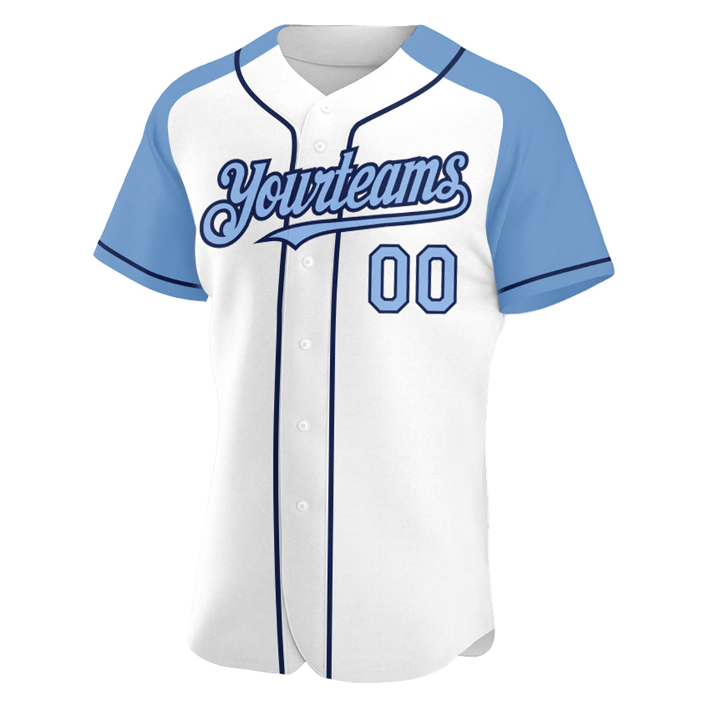 Custom White Light Blue-Navy Authentic Raglan Sleeves Baseball Jersey baseball jersey product view 2