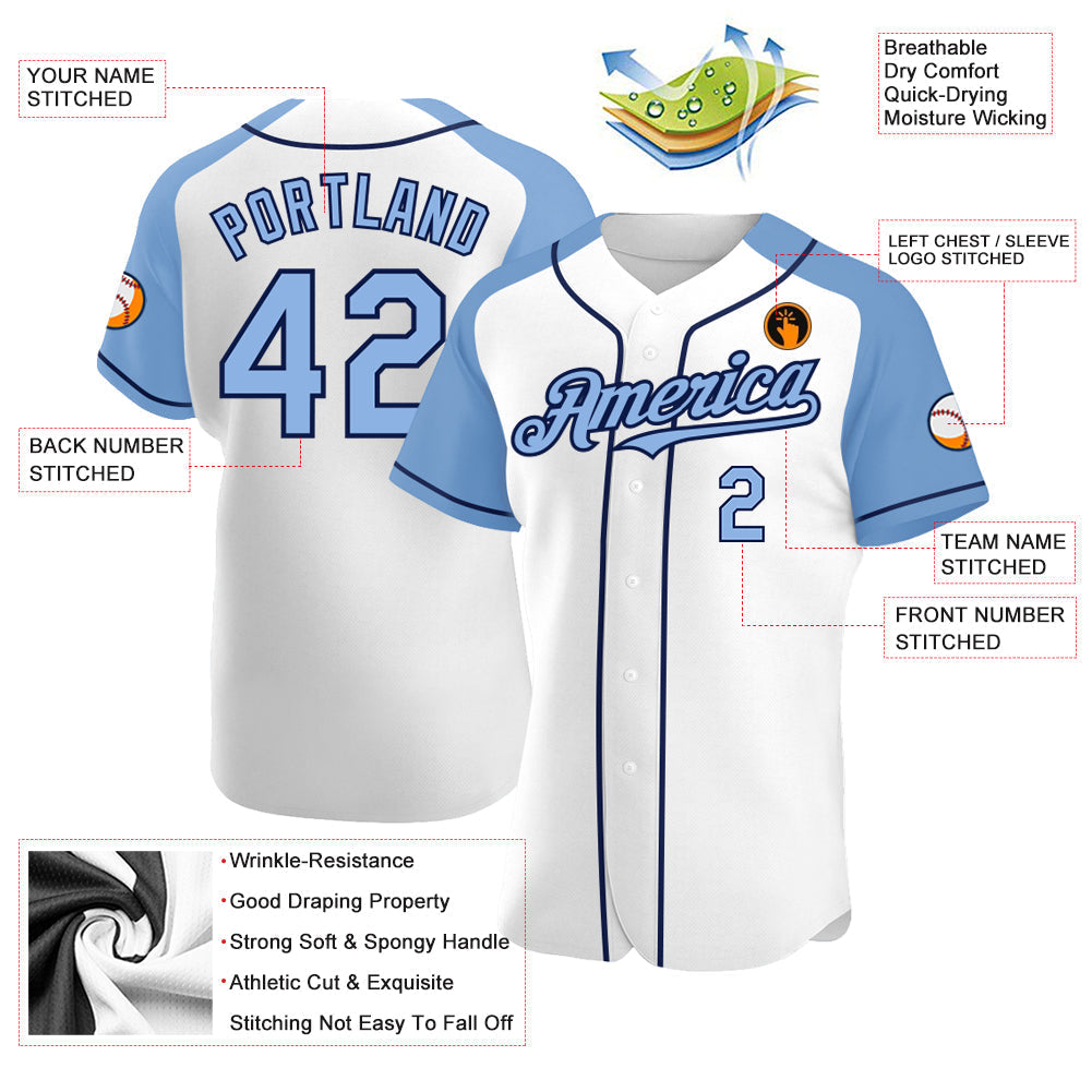 Custom White Light Blue-Navy Authentic Raglan Sleeves Baseball Jersey baseball jersey product view 3