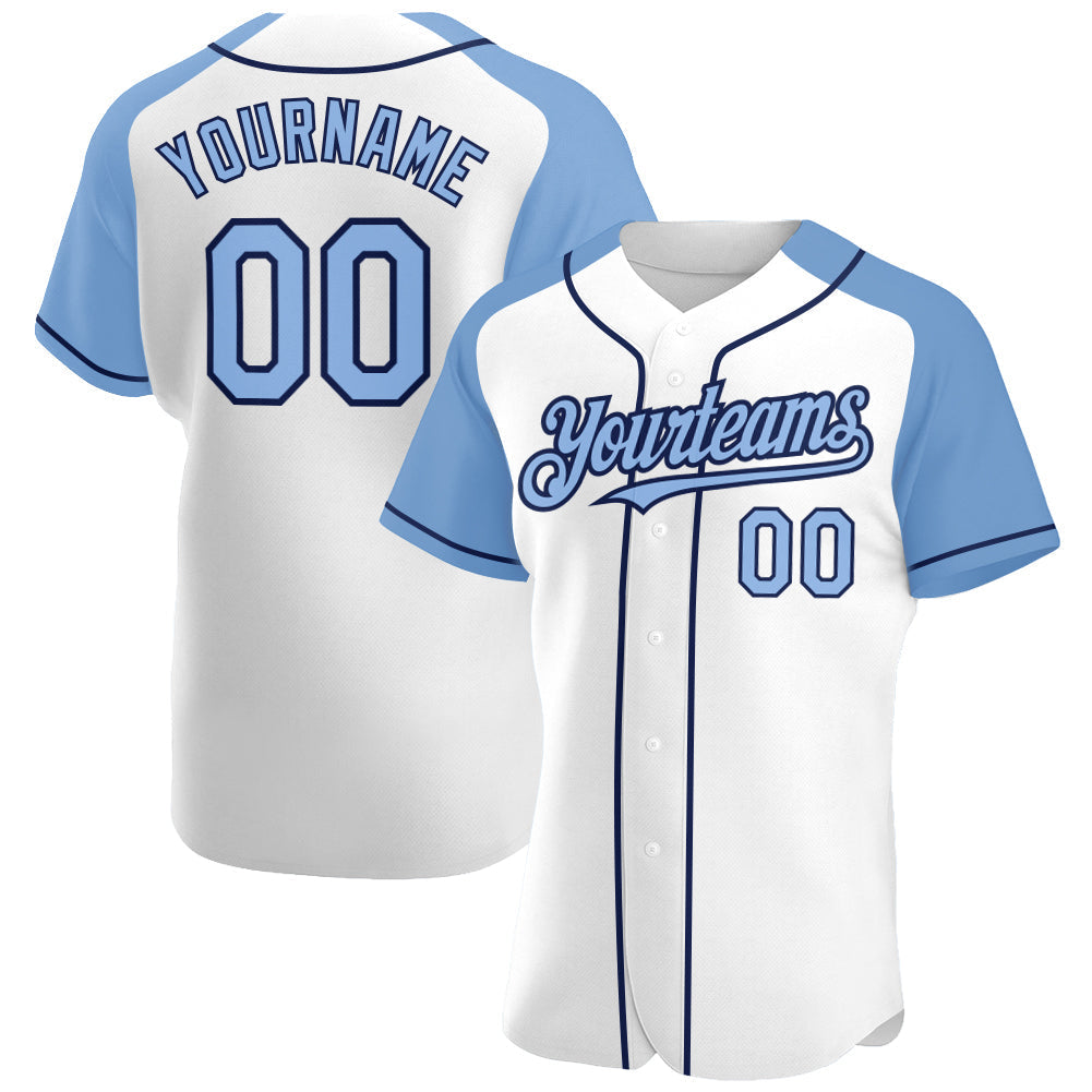 Custom White Light Blue-Navy Authentic Raglan Sleeves Baseball Jersey baseball jersey product view 1