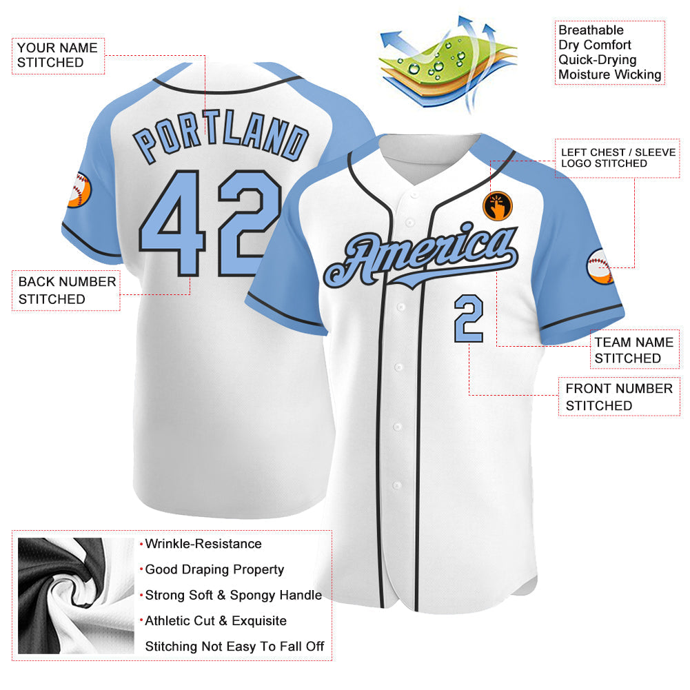 Custom White Light Blue-Black Authentic Raglan Sleeves Baseball Jersey baseball jersey product view 3