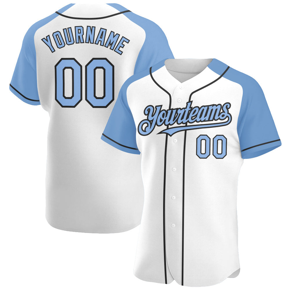 Custom White Light Blue-Black Authentic Raglan Sleeves Baseball Jersey baseball jersey product view 1
