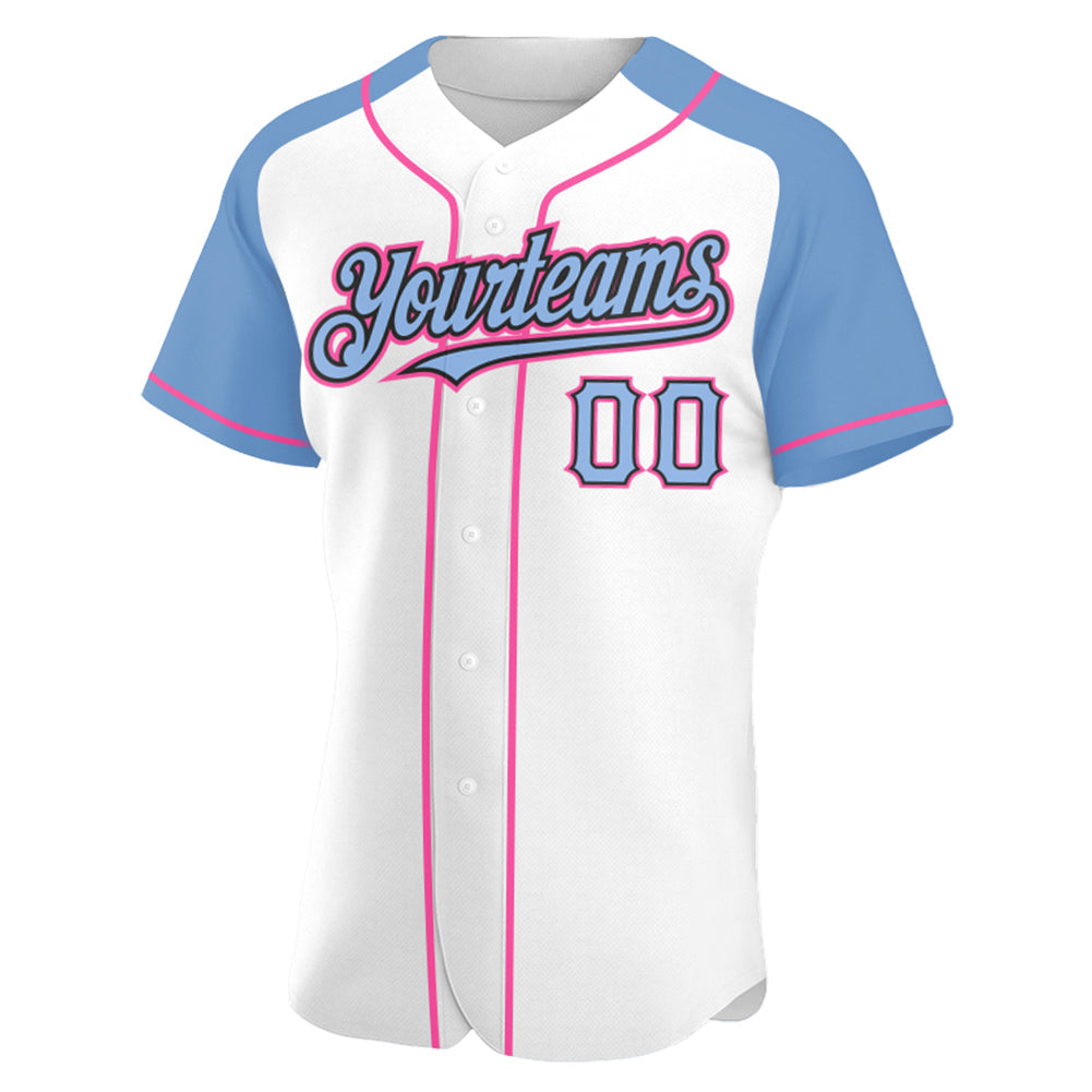 Custom White Light Blue Black-Pink Authentic Raglan Sleeves Baseball Jersey baseball jersey product view 2