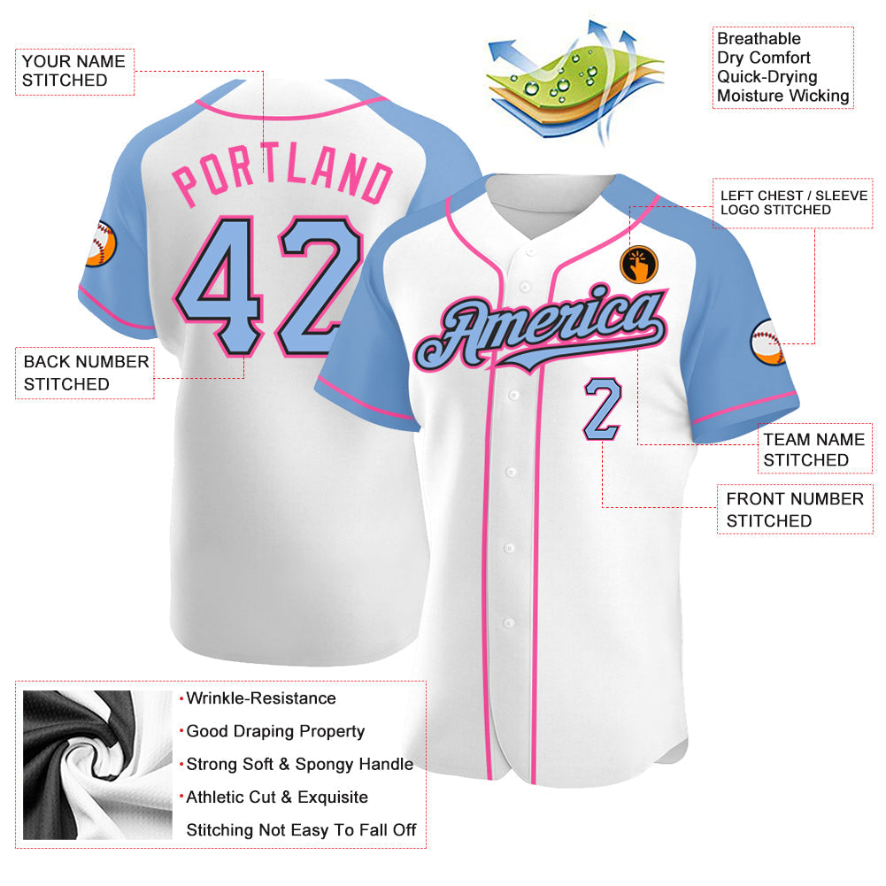 Custom White Light Blue Black-Pink Authentic Raglan Sleeves Baseball Jersey baseball jersey product view 3