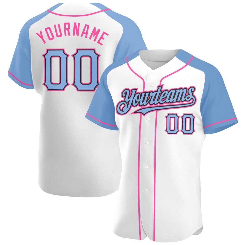 Custom White Light Blue Black-Pink Authentic Raglan Sleeves Baseball Jersey baseball jersey product view 1