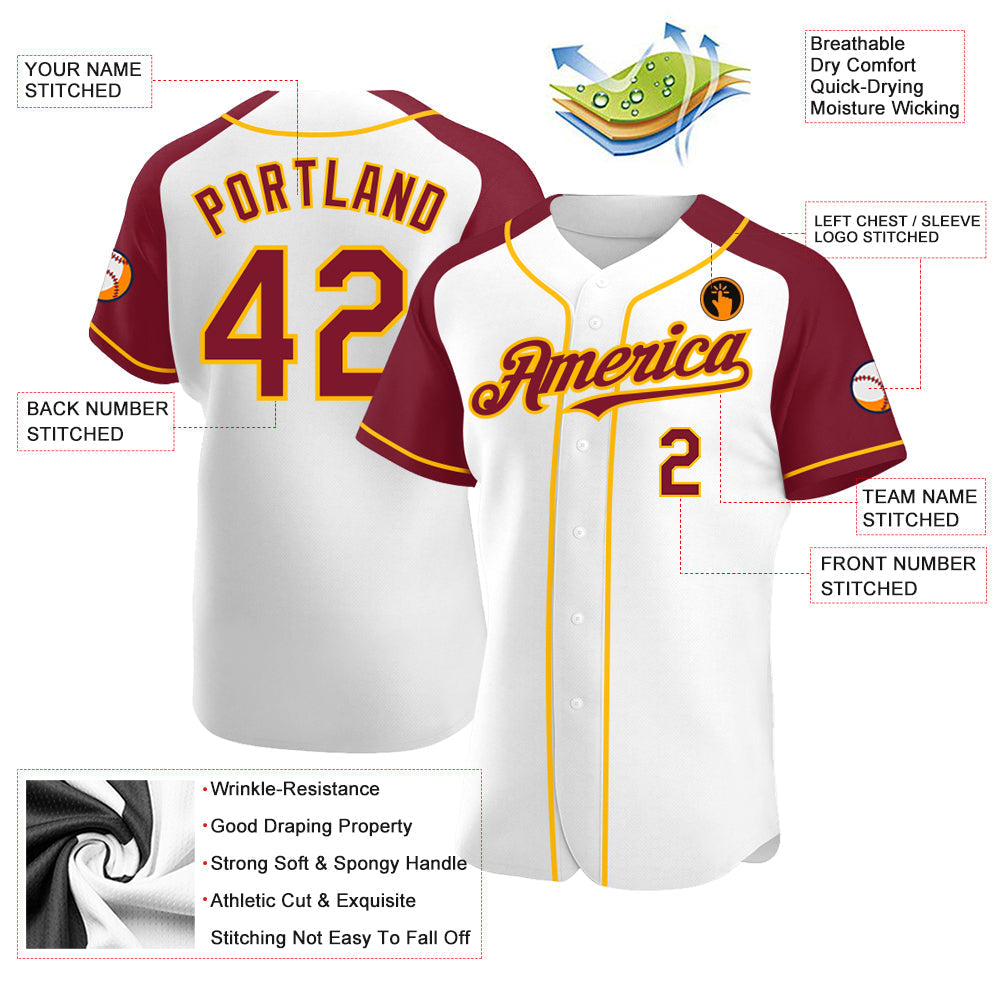 Custom White Crimson-Gold Authentic Raglan Sleeves Baseball Jersey baseball jersey product view 3