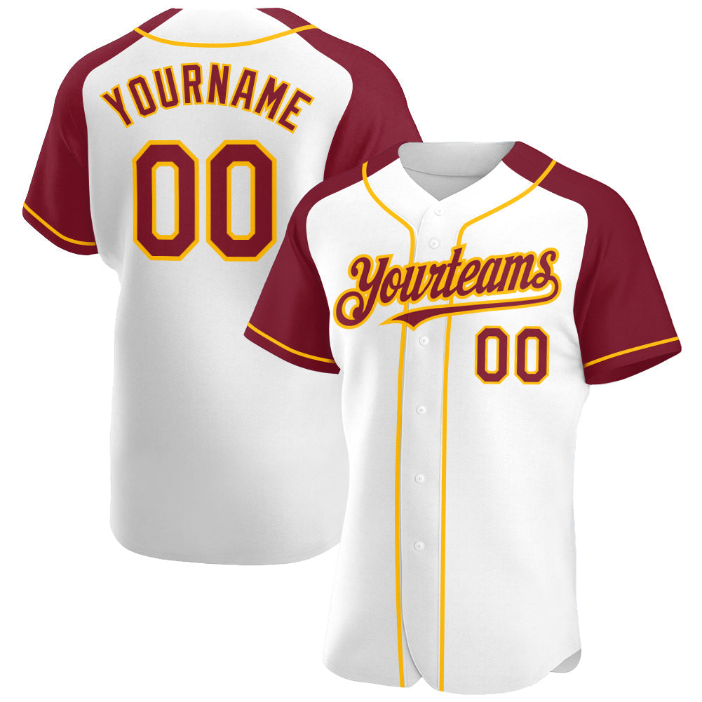 Custom White Crimson-Gold Authentic Raglan Sleeves Baseball Jersey baseball jersey product view 1