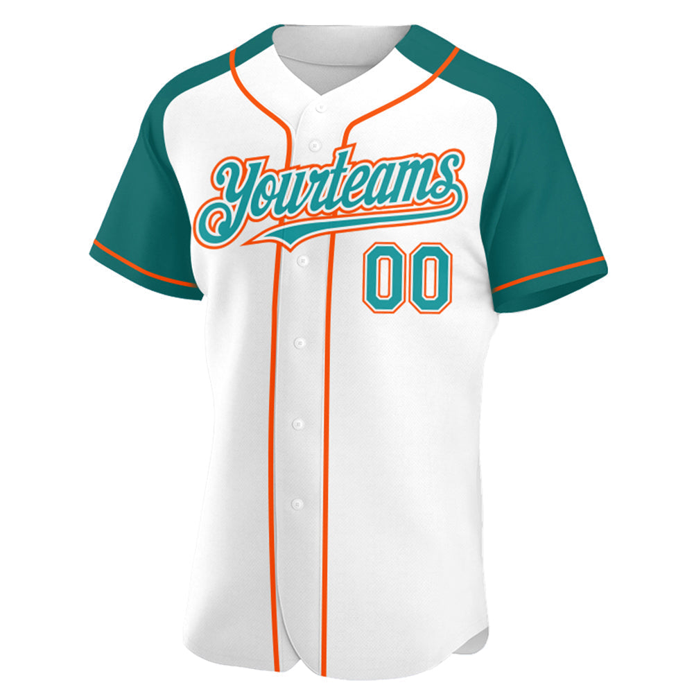 Custom White Teal-Orange Authentic Raglan Sleeves Baseball Jersey baseball jersey product view 2