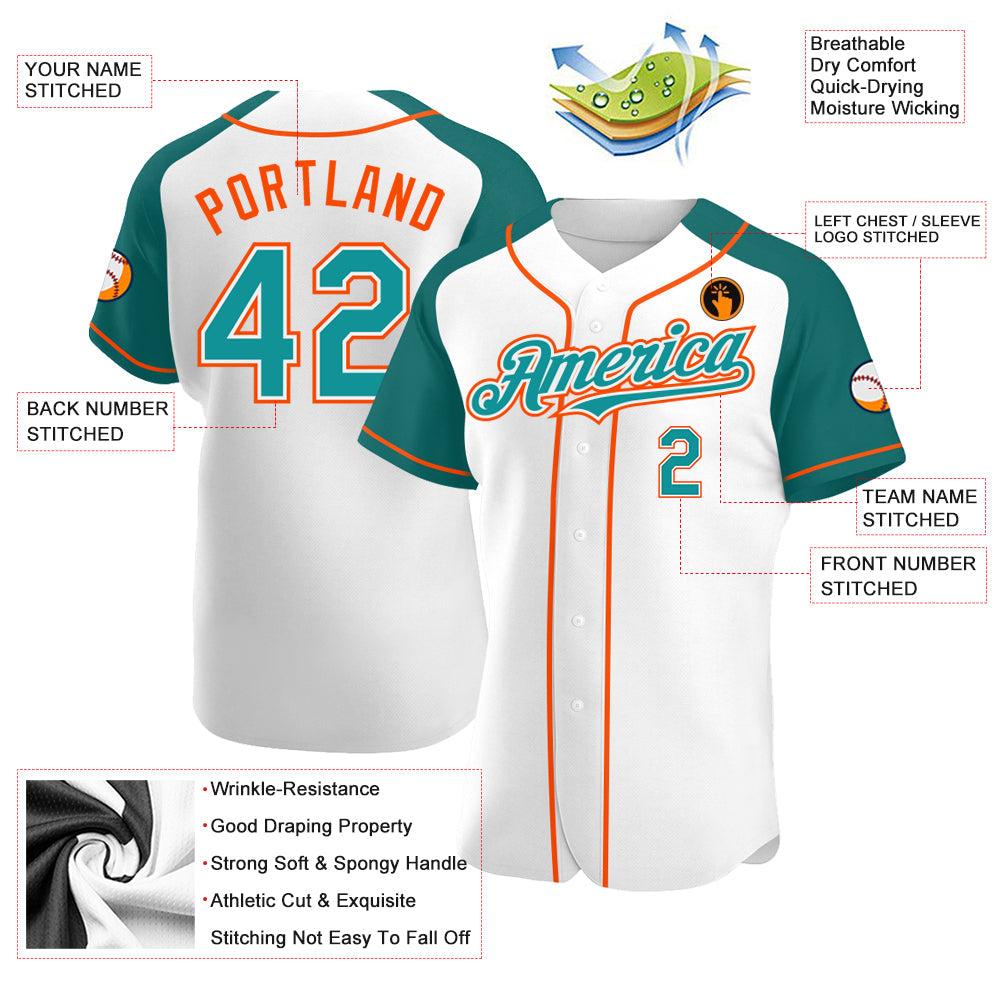 Custom White Teal-Orange Authentic Raglan Sleeves Baseball Jersey baseball jersey product view 3