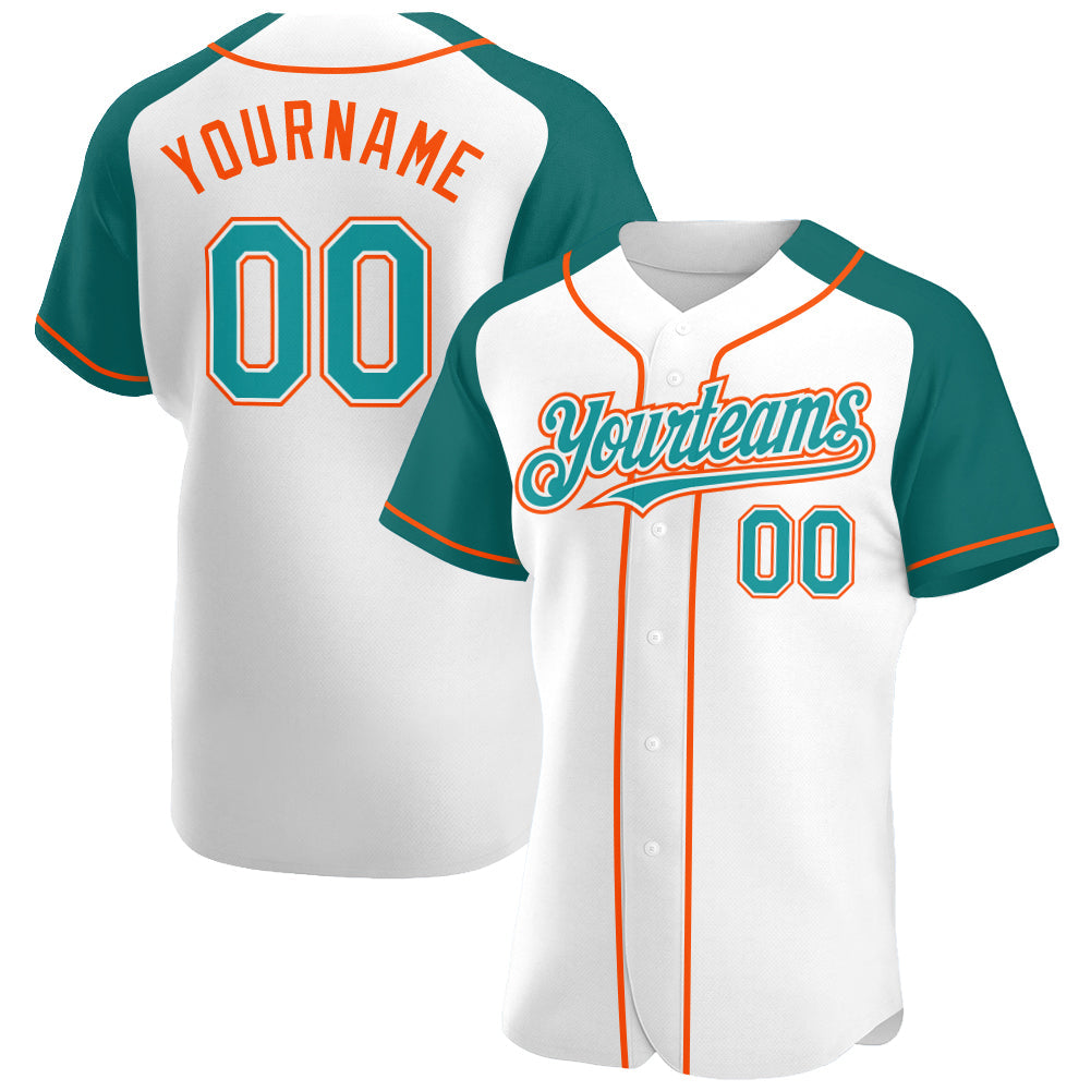 Custom White Teal-Orange Authentic Raglan Sleeves Baseball Jersey baseball jersey product view 1