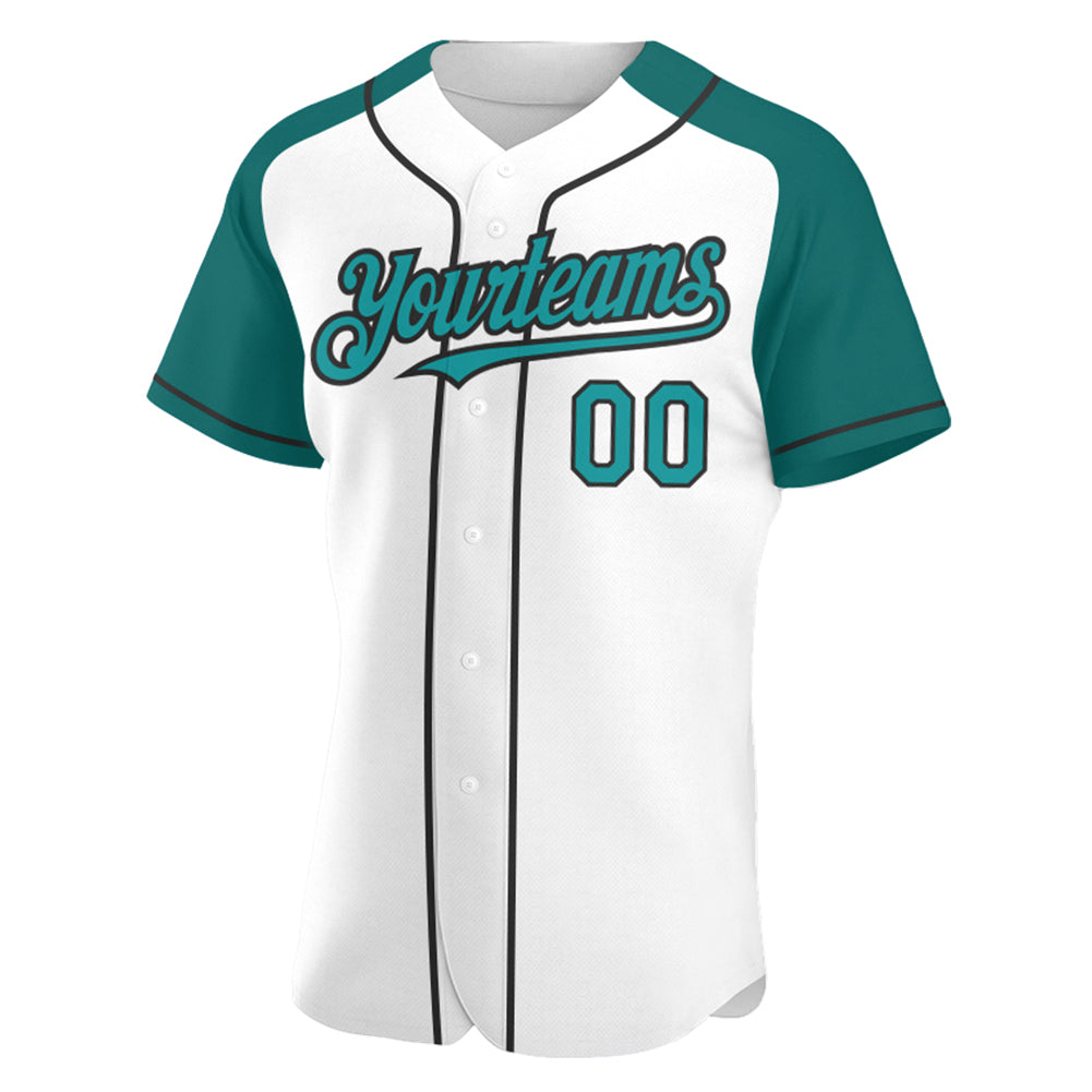 Custom White Teal-Black Authentic Raglan Sleeves Baseball Jersey baseball jersey product view 2