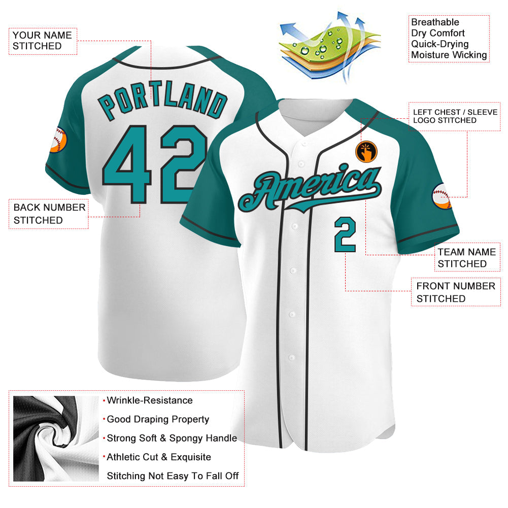 Custom White Teal-Black Authentic Raglan Sleeves Baseball Jersey baseball jersey product view 3