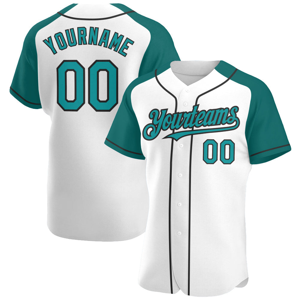 Custom White Teal-Black Authentic Raglan Sleeves Baseball Jersey baseball jersey product view 1