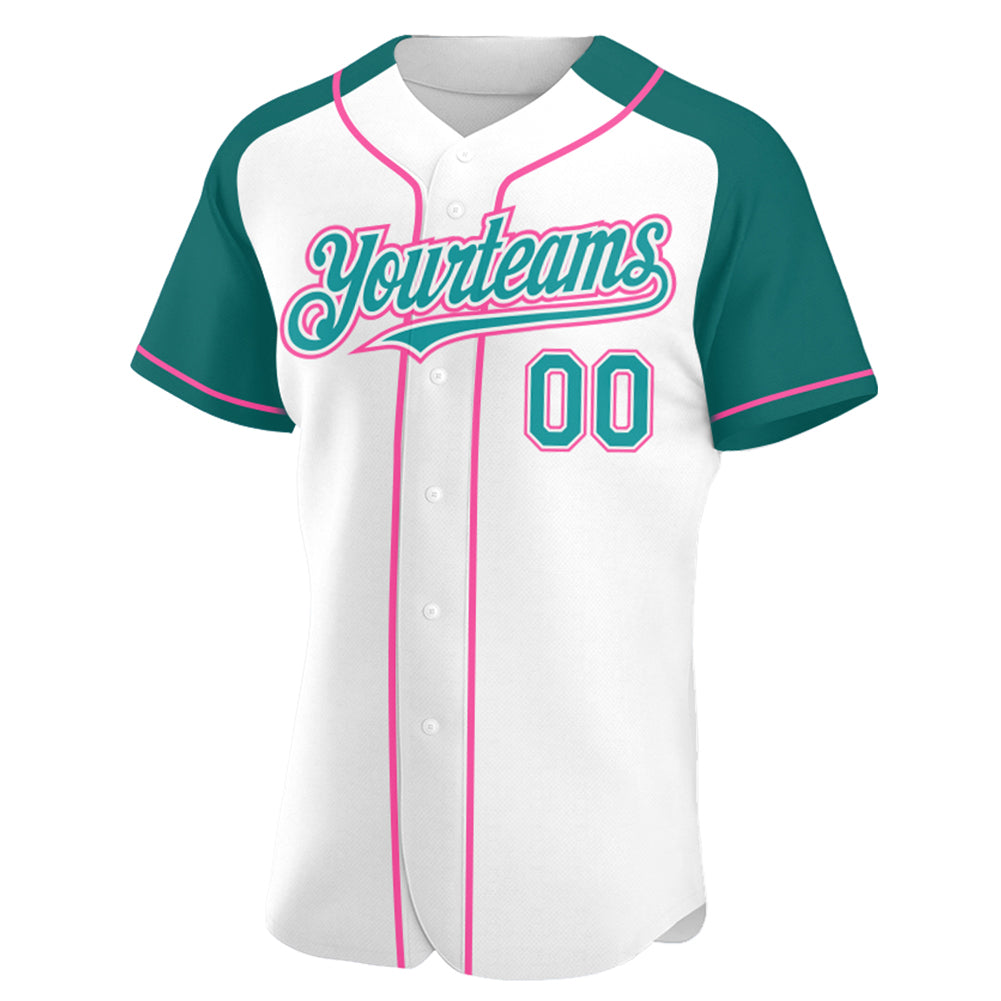 Custom White Teal-Pink Authentic Raglan Sleeves Baseball Jersey baseball jersey product view 2