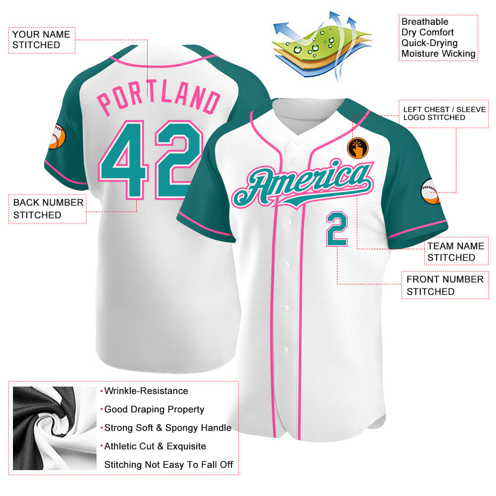 Custom White Teal-Pink Authentic Raglan Sleeves Baseball Jersey baseball jersey product view 3