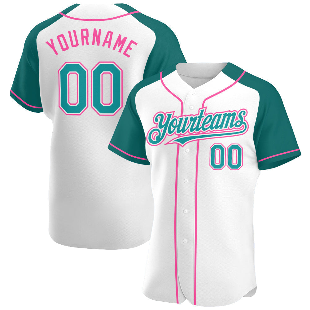 Custom White Teal-Pink Authentic Raglan Sleeves Baseball Jersey baseball jersey product view 1