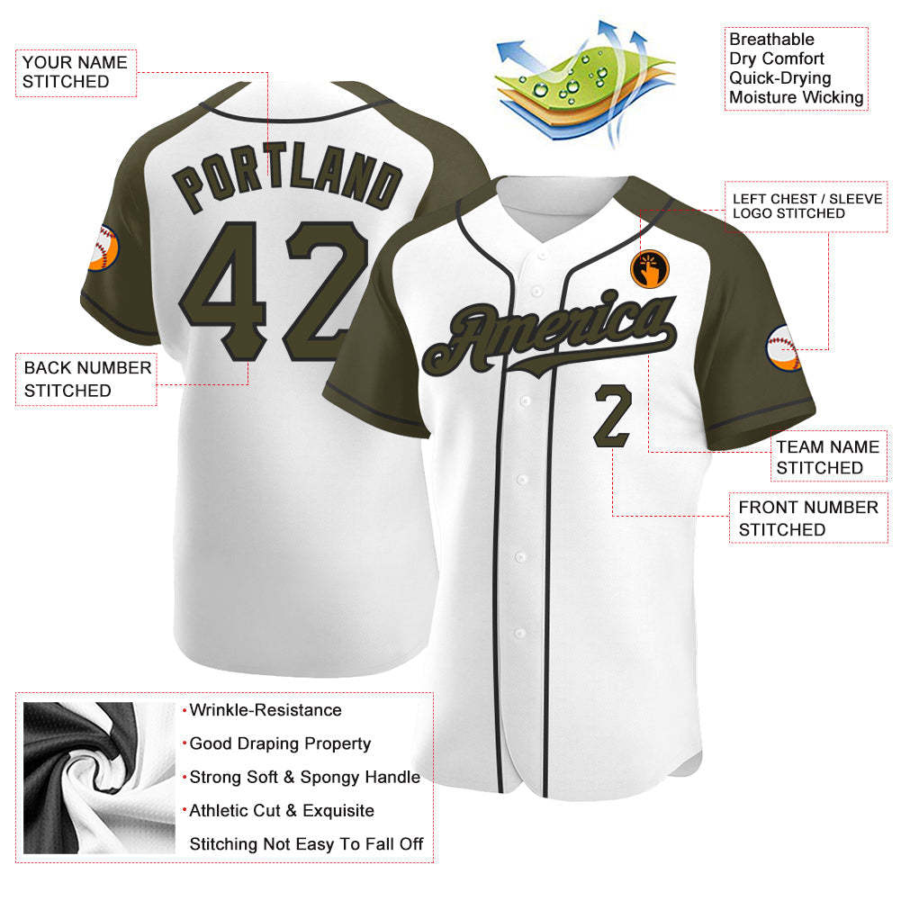 Custom White Olive-Black Authentic Raglan Sleeves Baseball Jersey baseball jersey product view 3