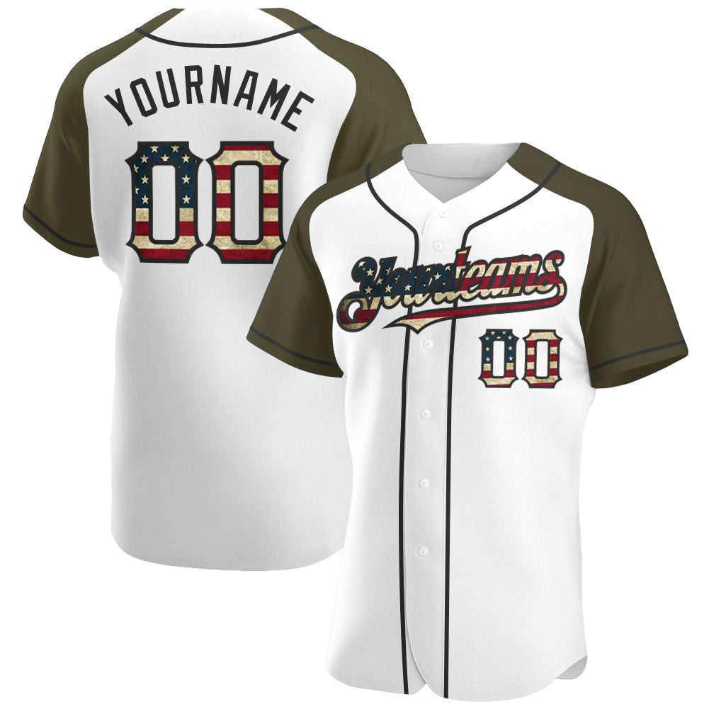 Custom White Vintage USA Flag-Black Authentic Raglan Sleeves Baseball Jersey baseball jersey product view 1