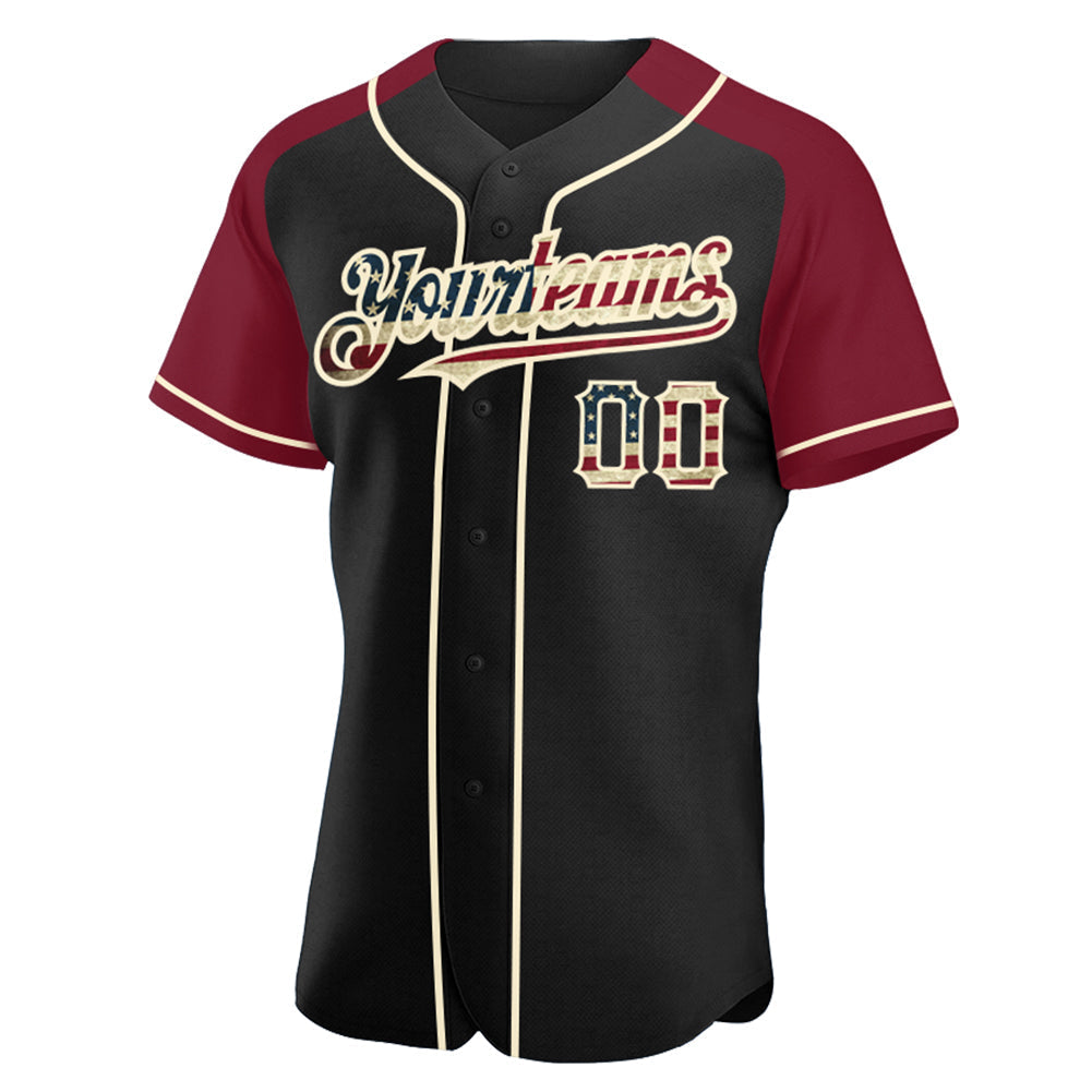 Custom Black Vintage USA Flag Crimson-Cream Authentic Raglan Sleeves Baseball Jersey baseball jersey product view 2