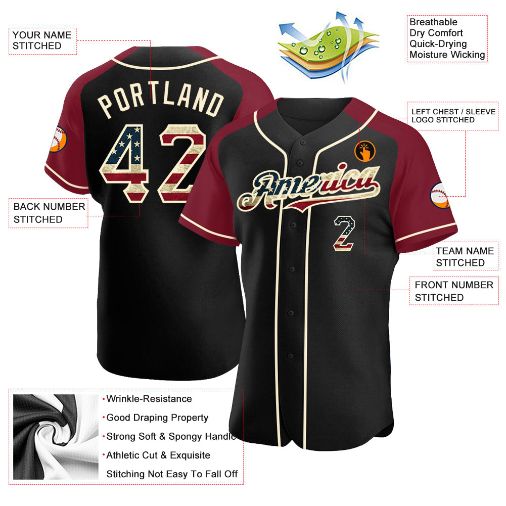 Custom Black Vintage USA Flag Crimson-Cream Authentic Raglan Sleeves Baseball Jersey baseball jersey product view 3