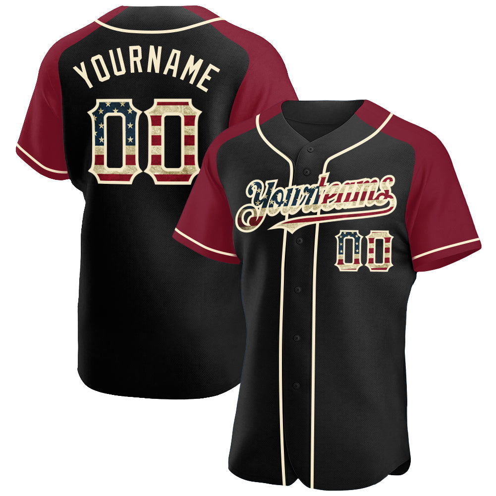 Custom Black Vintage USA Flag Crimson-Cream Authentic Raglan Sleeves Baseball Jersey baseball jersey product view 1