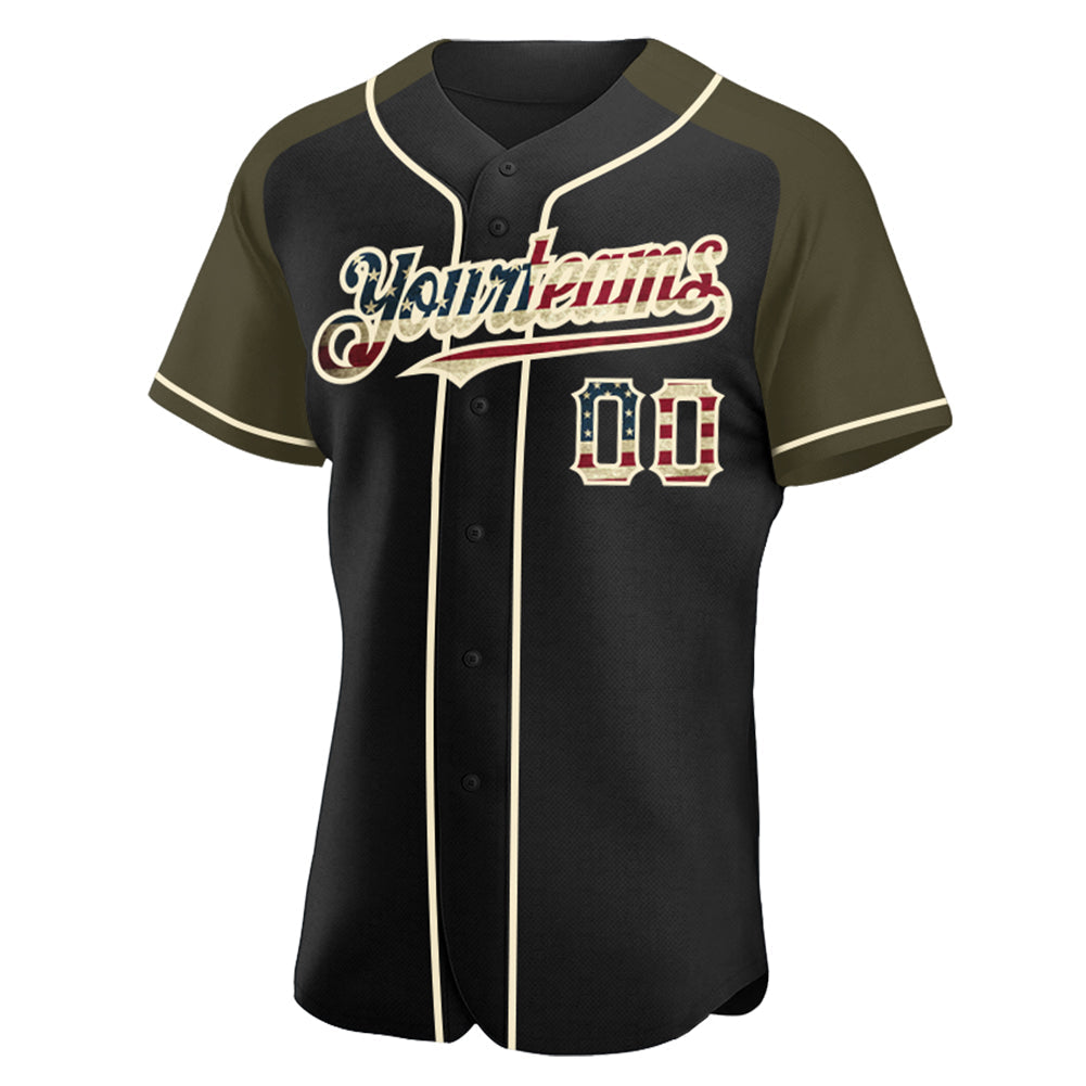Custom Black Vintage USA Flag Olive-Cream Authentic Raglan Sleeves Baseball Jersey baseball jersey product view 2