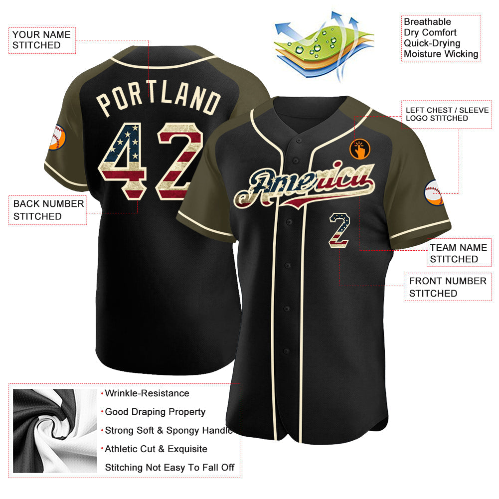 Custom Black Vintage USA Flag Olive-Cream Authentic Raglan Sleeves Baseball Jersey baseball jersey product view 3