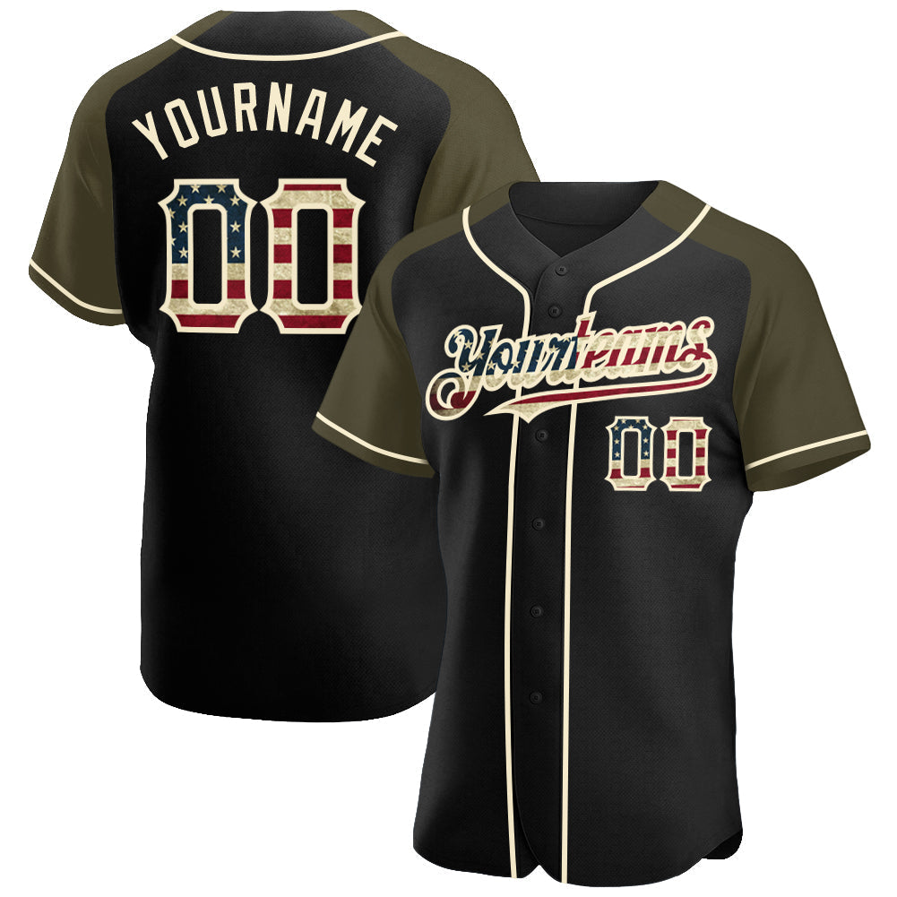 Custom Black Vintage USA Flag Olive-Cream Authentic Raglan Sleeves Baseball Jersey baseball jersey product view 1