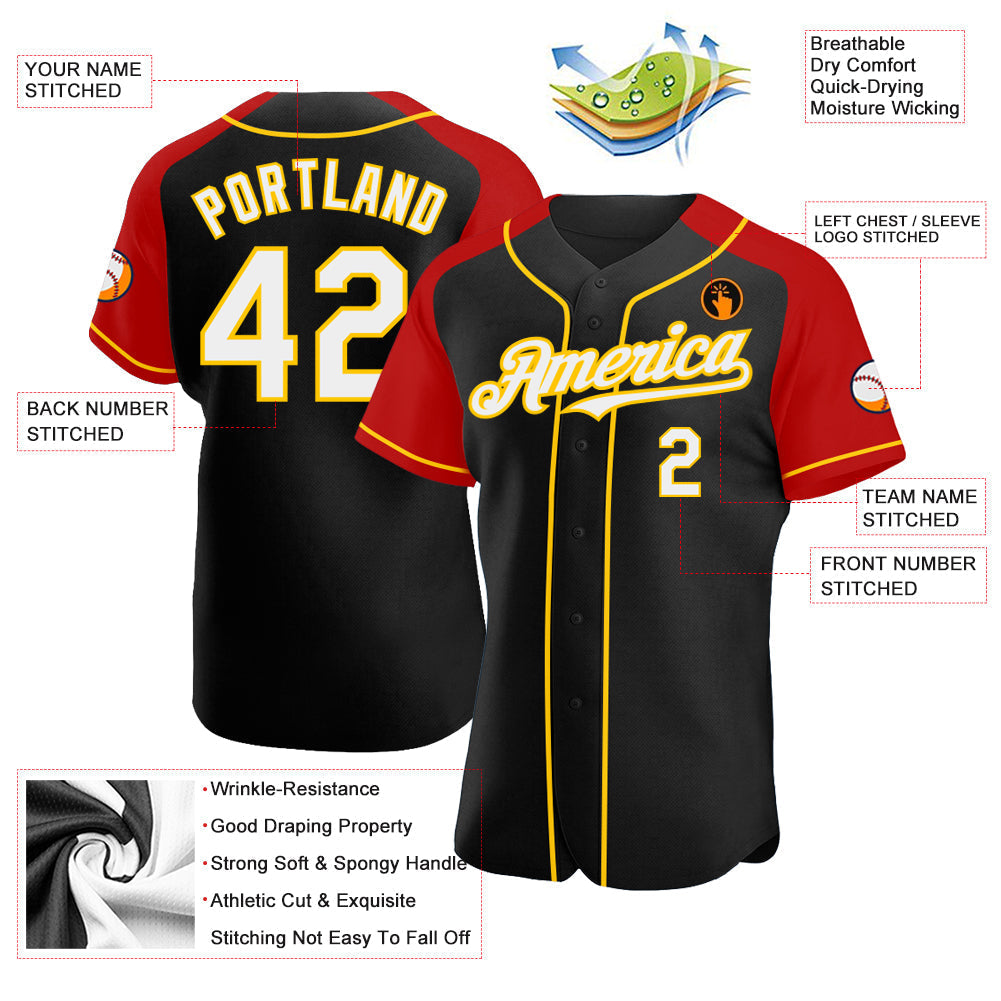 Custom Black White Red-Yellow Authentic Raglan Sleeves Baseball Jersey baseball jersey product view 3