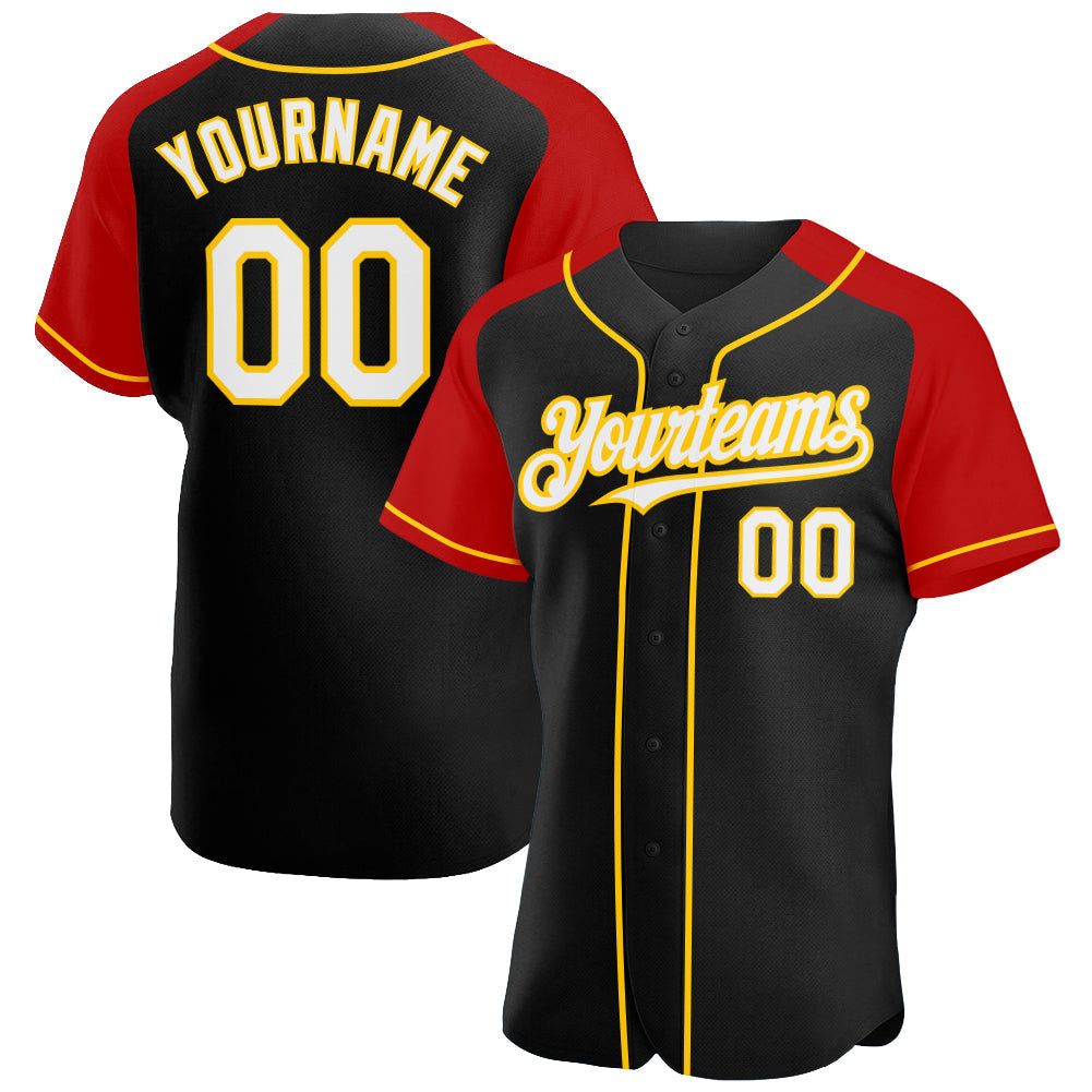 Custom Black White Red-Yellow Authentic Raglan Sleeves Baseball Jersey baseball jersey product view 1