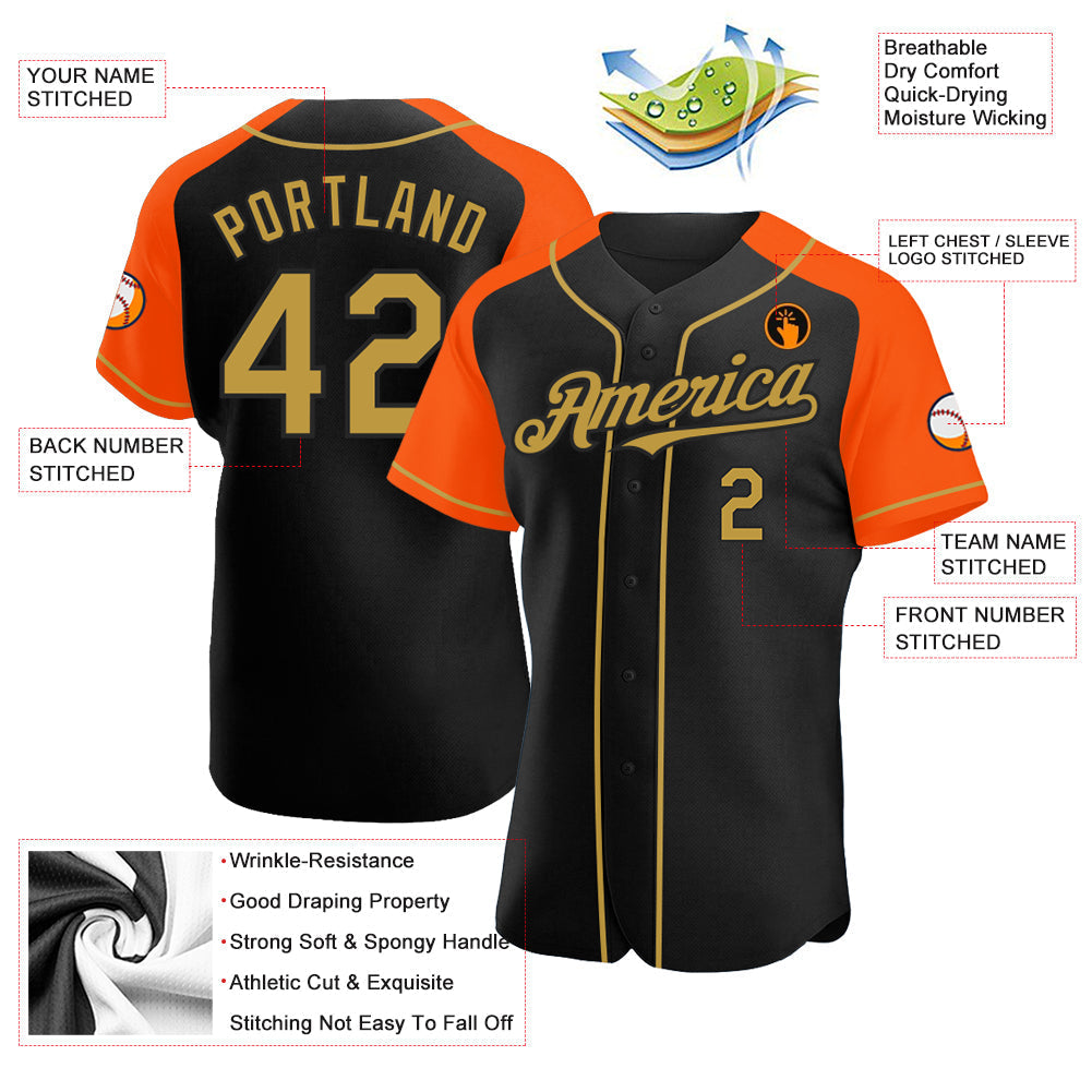 Custom Black Old Gold-Orange Authentic Raglan Sleeves Baseball Jersey baseball jersey product view 3