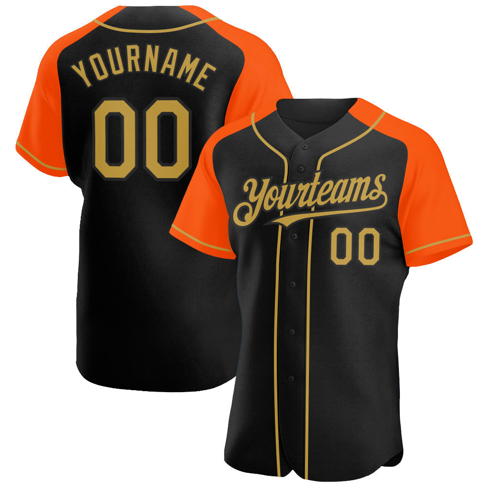 Custom Black Old Gold-Orange Authentic Raglan Sleeves Baseball Jersey baseball jersey product view 1