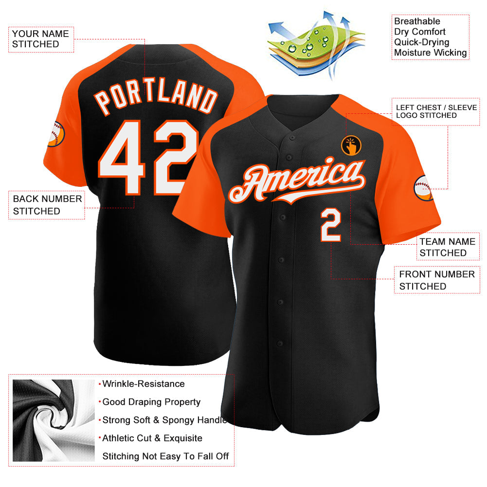 Custom Black White-Orange Authentic Raglan Sleeves Baseball Jersey baseball jersey product view 3