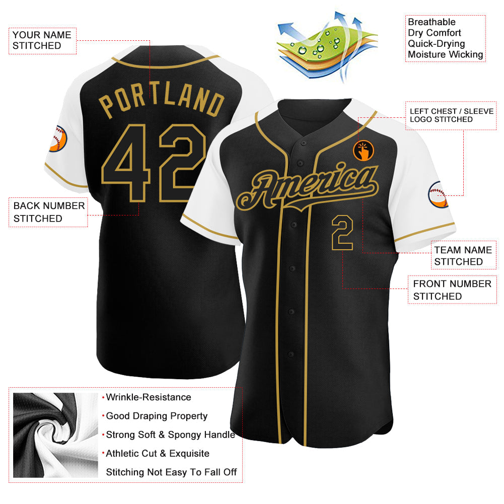 Custom Black White-Old Gold Authentic Raglan Sleeves Baseball Jersey baseball jersey product view 3