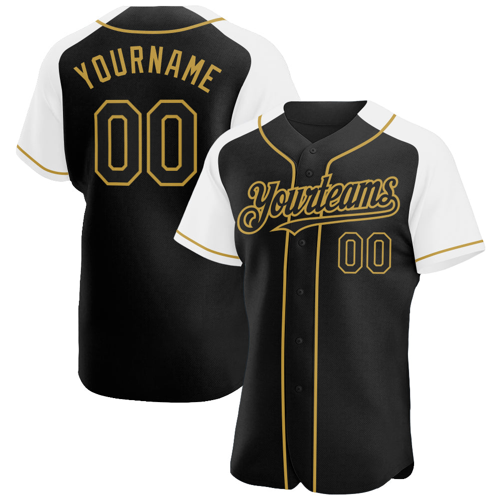 Custom Black White-Old Gold Authentic Raglan Sleeves Baseball Jersey baseball jersey product view 1