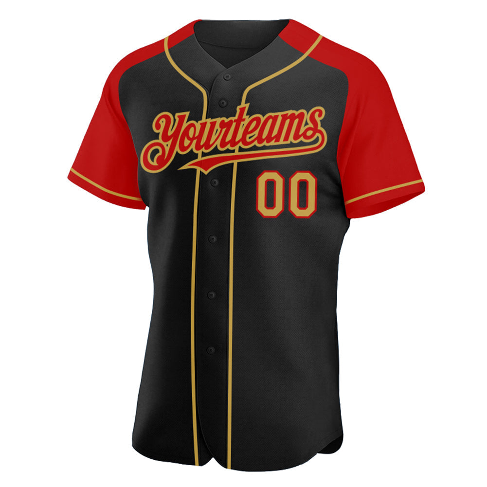 Custom Black Old Gold-Red Authentic Raglan Sleeves Baseball Jersey baseball jersey product view 2