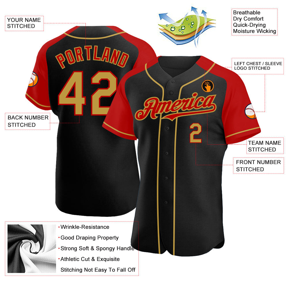 Custom Black Old Gold-Red Authentic Raglan Sleeves Baseball Jersey baseball jersey product view 3