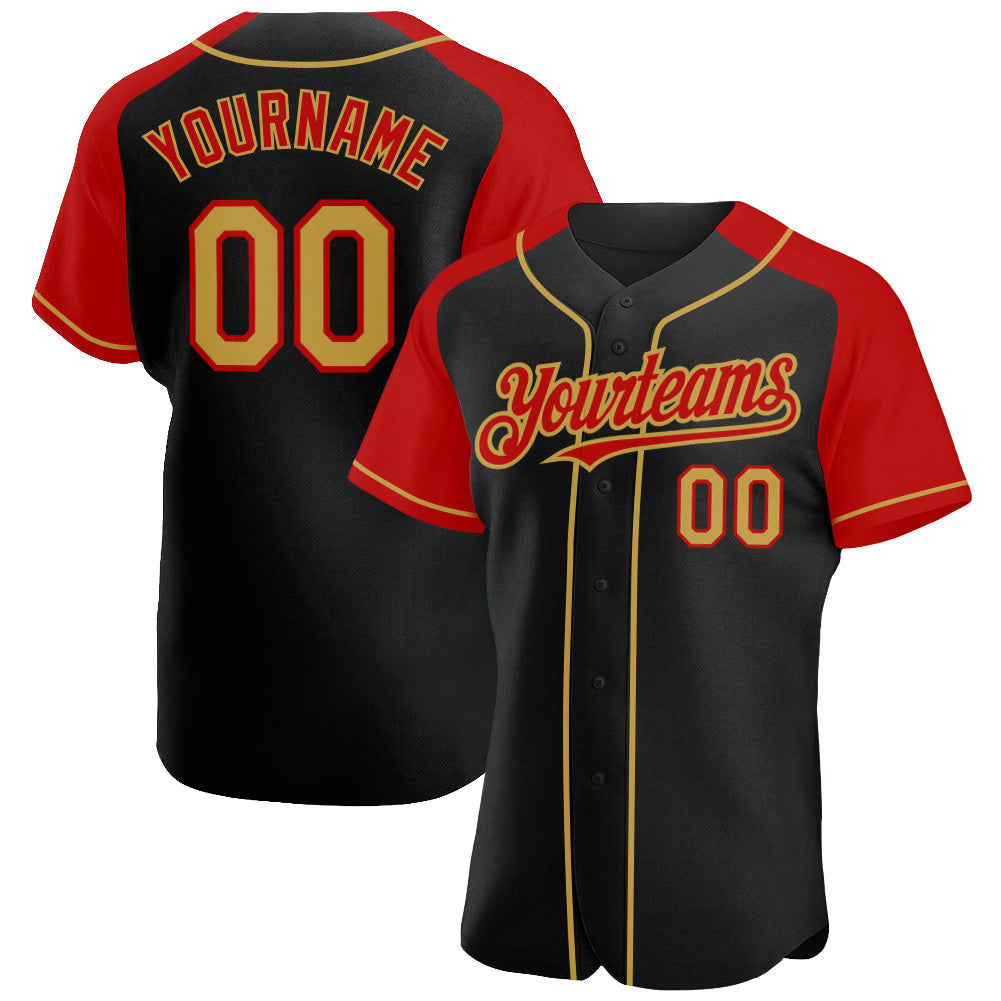 Custom Black Old Gold-Red Authentic Raglan Sleeves Baseball Jersey baseball jersey product view 1