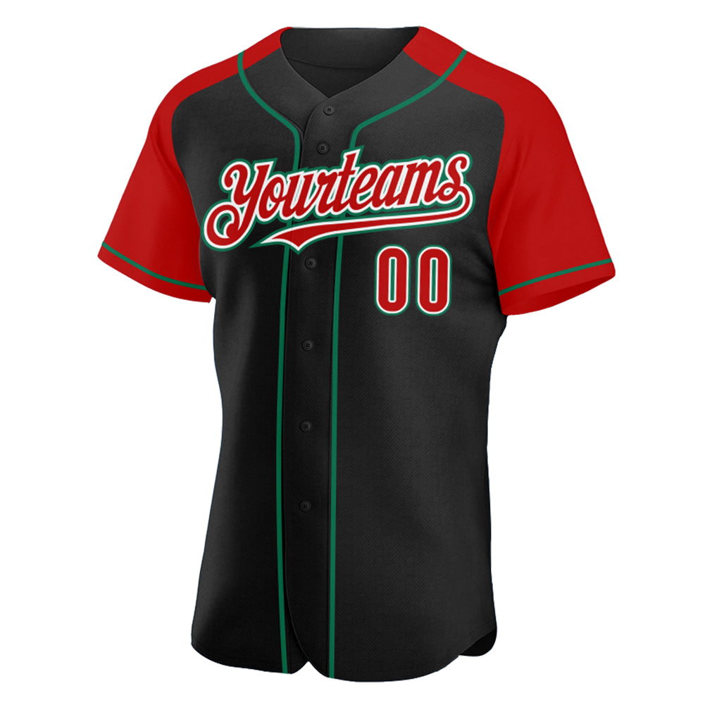 Custom Black Red-Kelly Green Authentic Raglan Sleeves Baseball Jersey baseball jersey product view 2