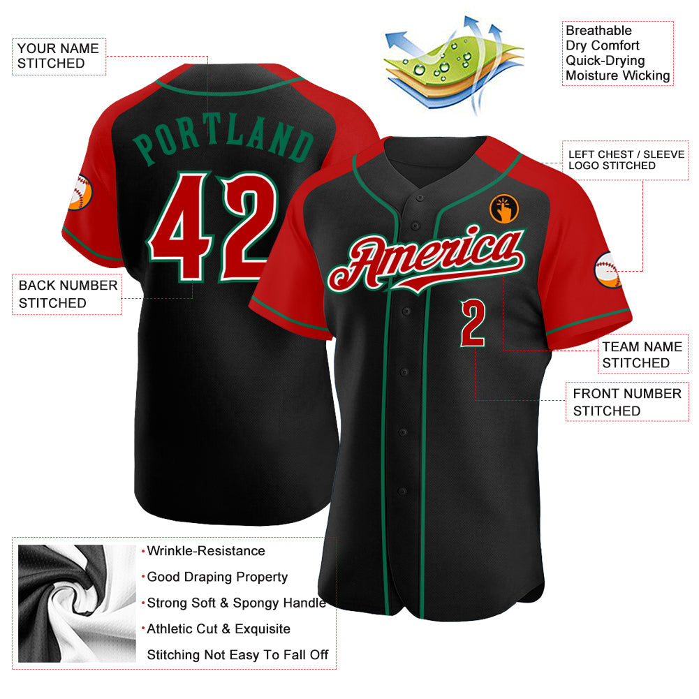 Custom Black Red-Kelly Green Authentic Raglan Sleeves Baseball Jersey baseball jersey product view 3