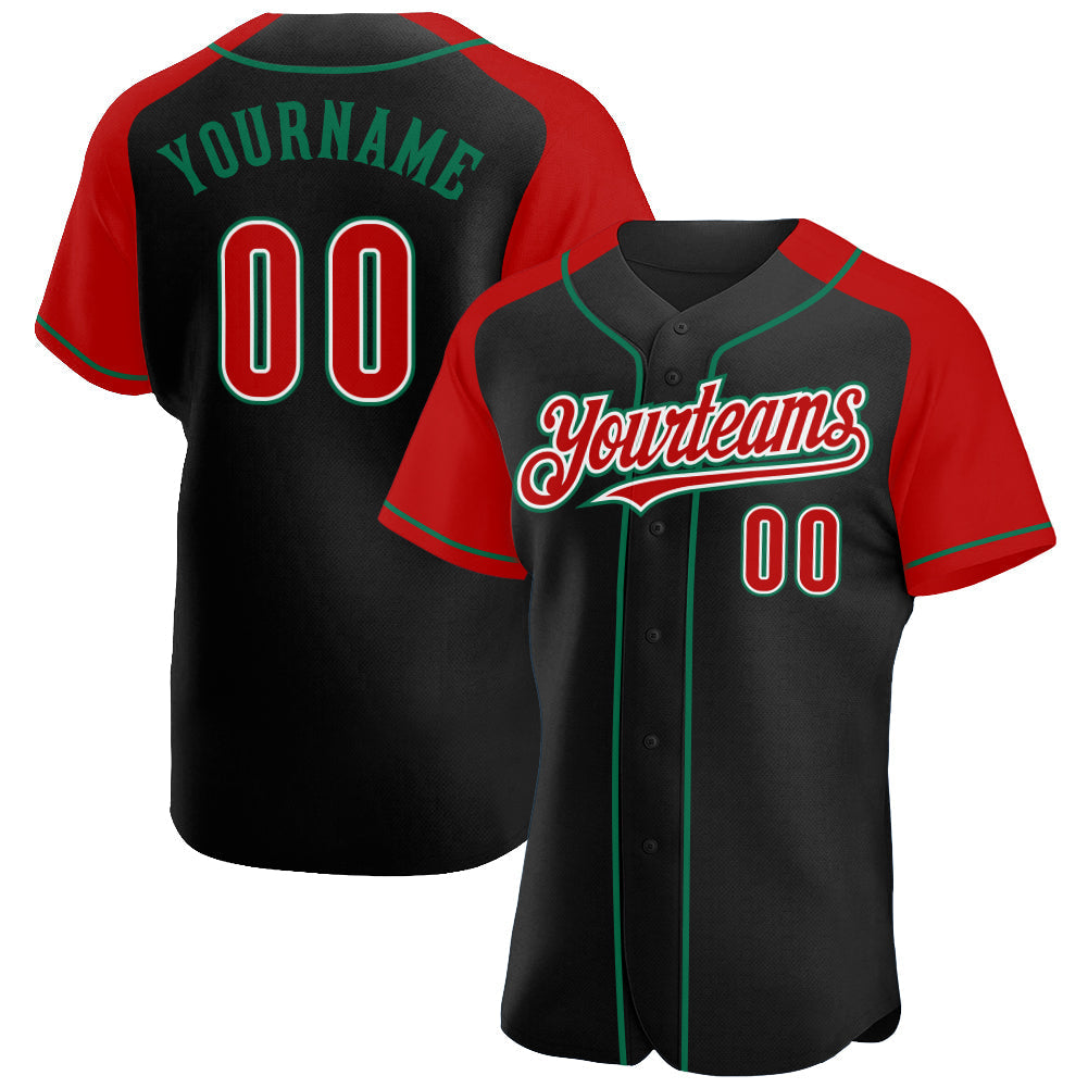 Custom Black Red-Kelly Green Authentic Raglan Sleeves Baseball Jersey baseball jersey product view 1
