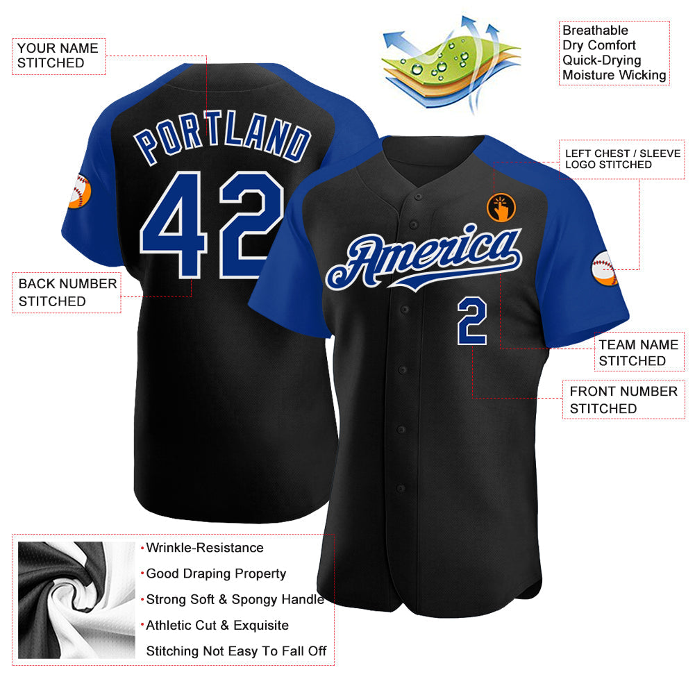 Custom Black Royal-White Authentic Raglan Sleeves Baseball Jersey baseball jersey product view 3