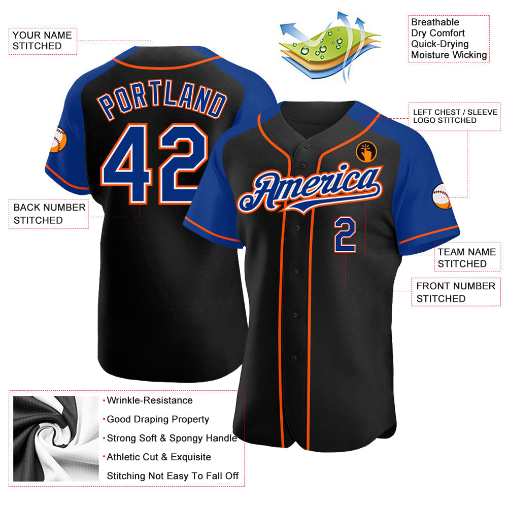 Custom Black Royal-Orange Authentic Raglan Sleeves Baseball Jersey baseball jersey product view 3